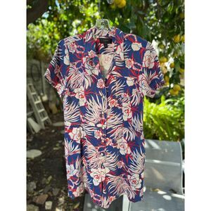 J.Crew Retro Tropical Red White Blu Floral Short Sleeve Linen Blend Romper SZ 10